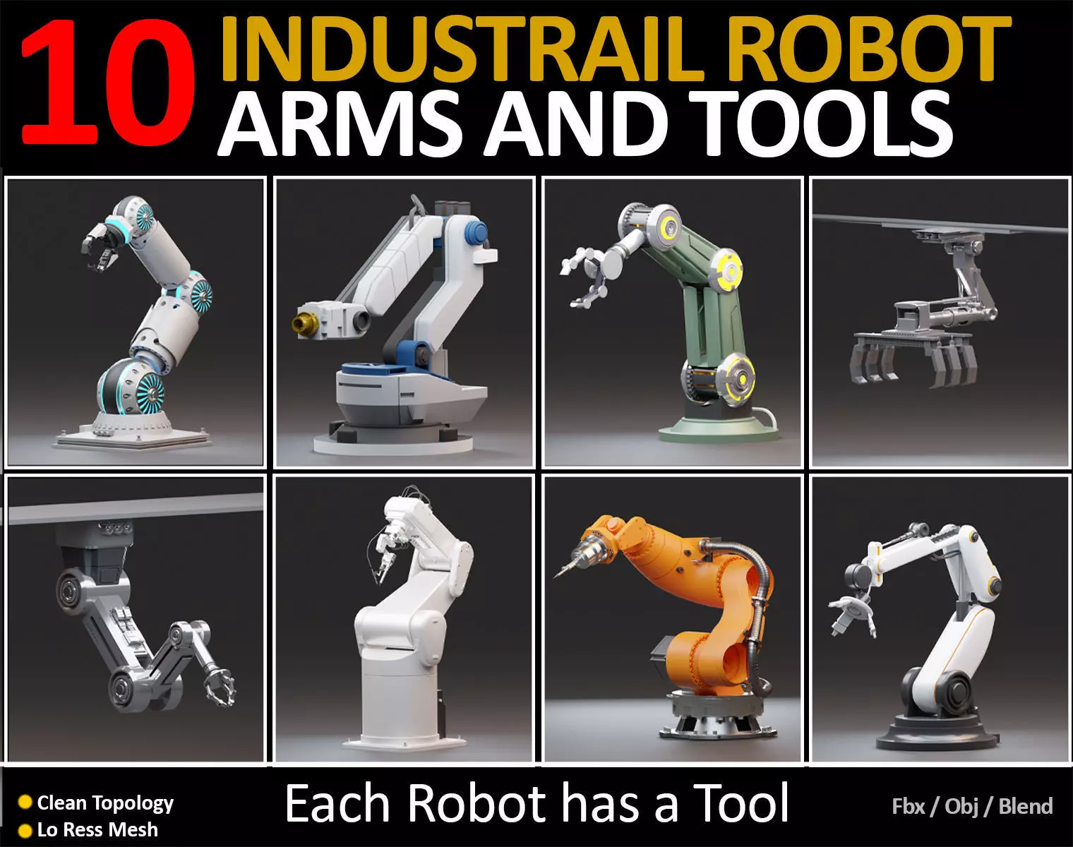 10 Industrial Robot Arm and 5 tools 3D model Low-poly 3D model_0