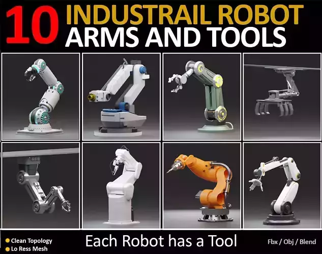 10 Industrial Robot Arm and 5 tools 3D model Low-poly 3D model