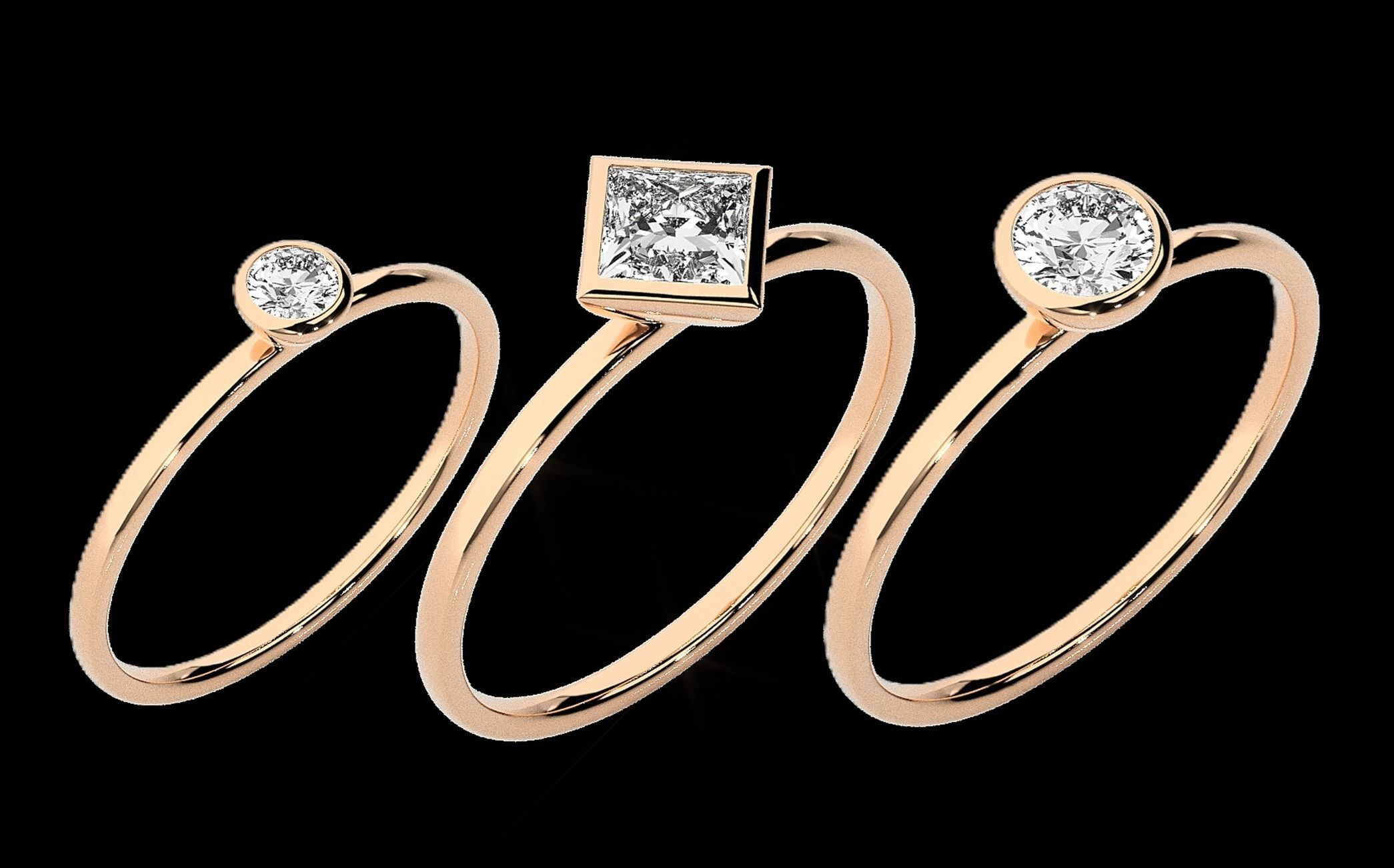 Solitaire Tri stackable rings 3dm stl renders details 3D print model_1