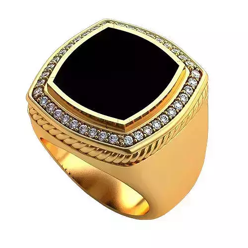 Man ring black enamel diamond signet 990