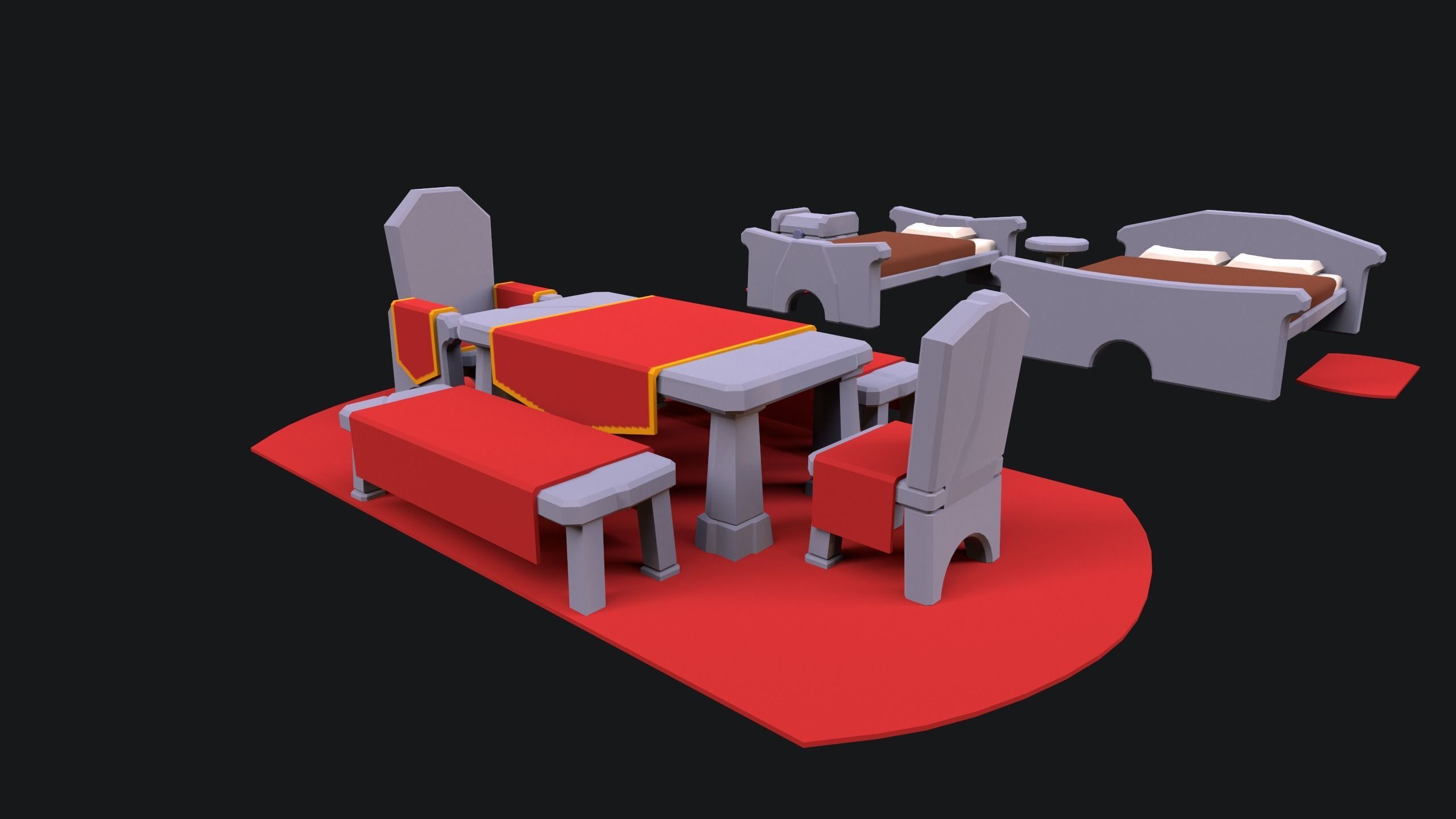 Medieval Stone Furniture Low-poly 3D model_4