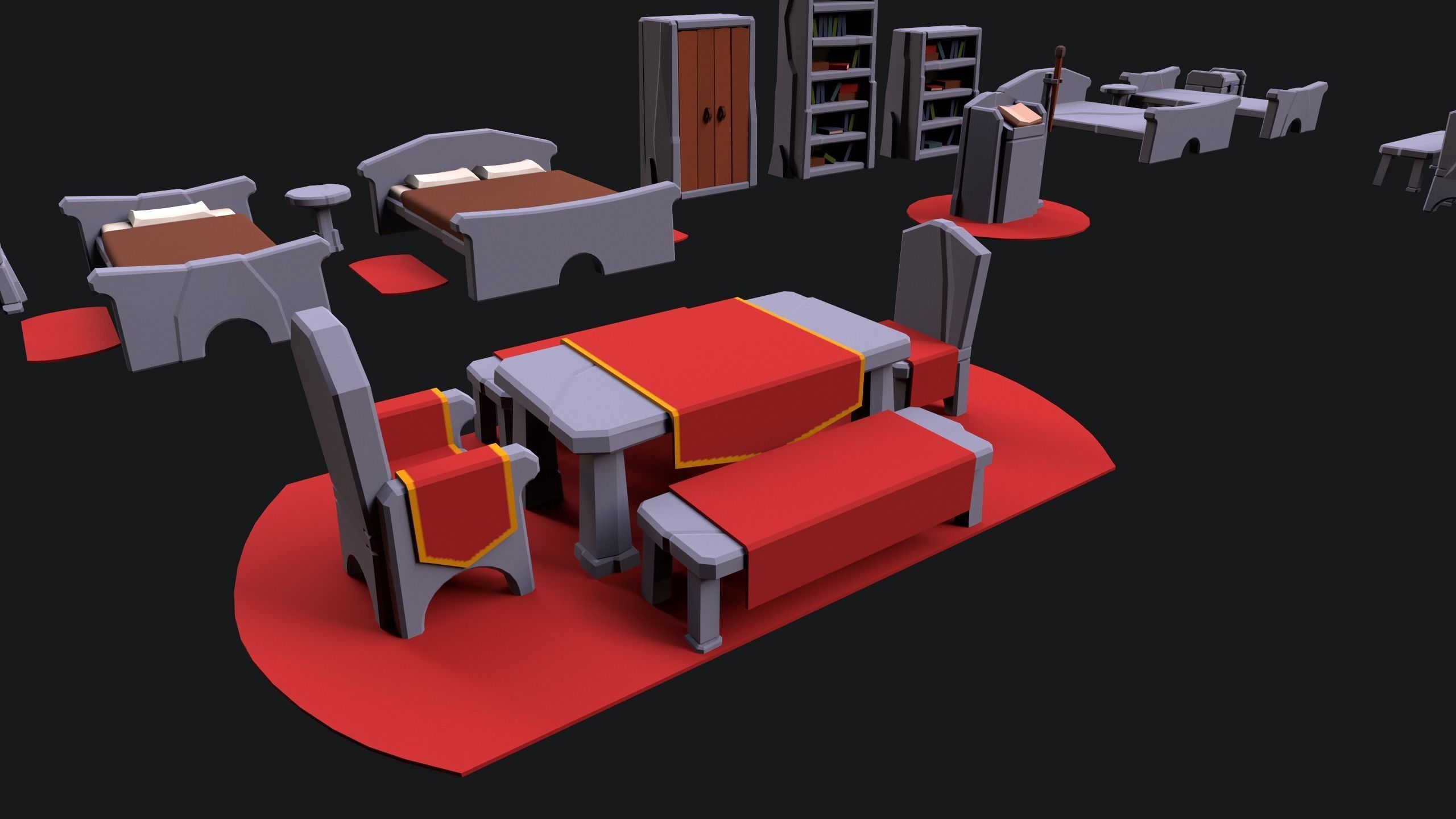 Medieval Stone Furniture Low-poly 3D model_3