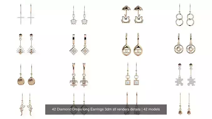 42 Diamond Drops long Earrings 3dm stl renders details