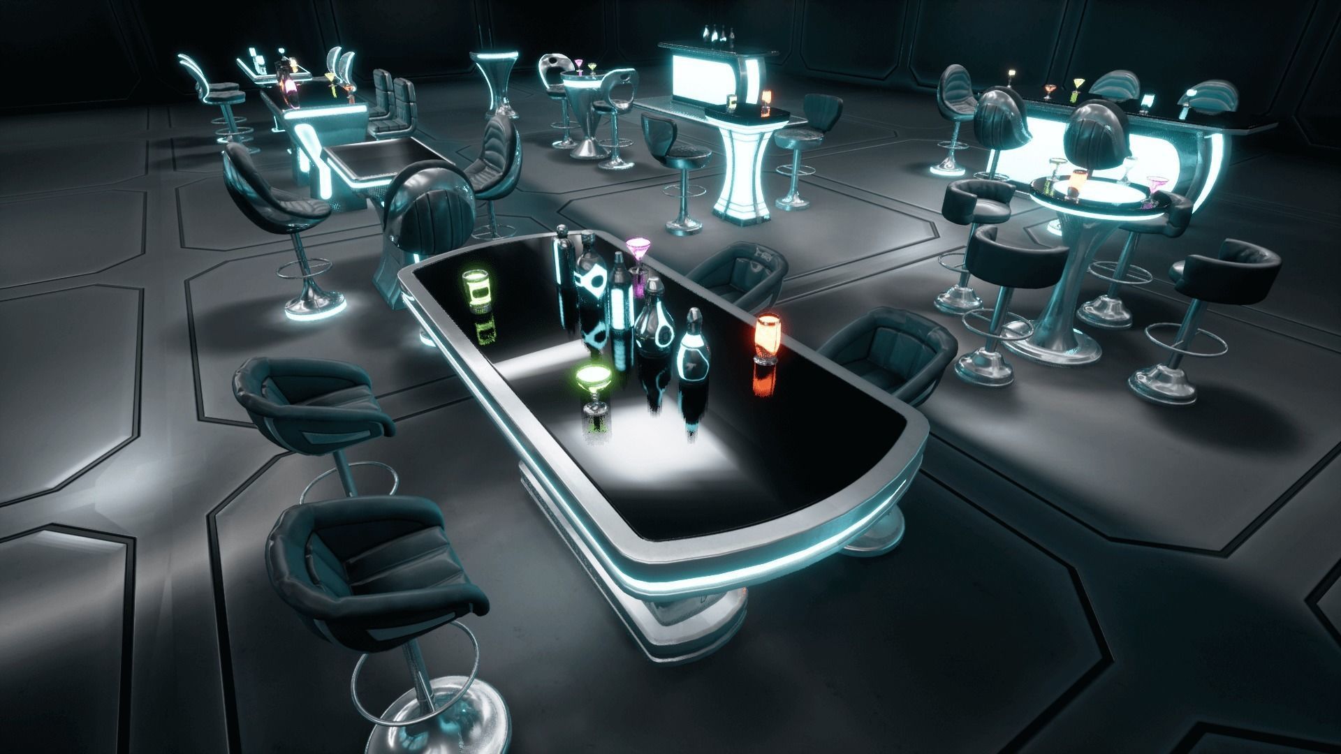 Cyber bar sci fi furniture and neon signs Low-poly 3D model_8