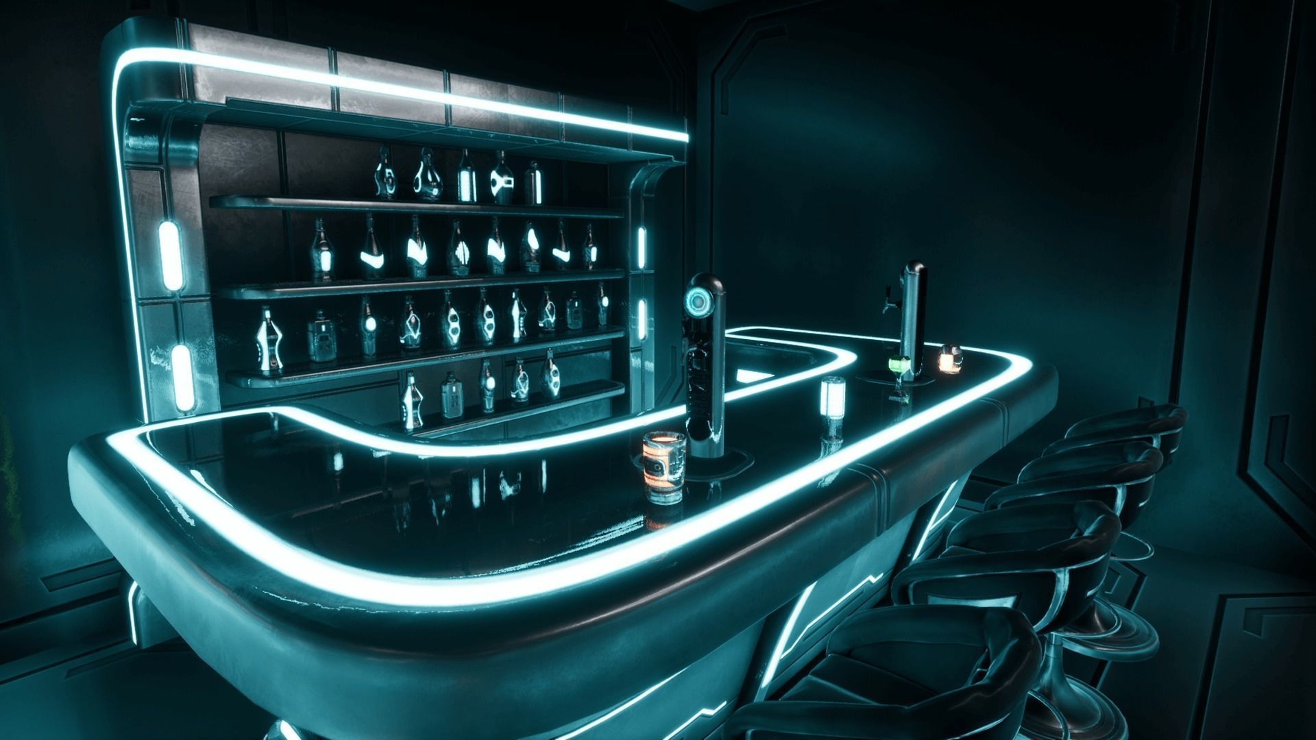 Cyber bar sci fi furniture and neon signs Low-poly 3D model_6