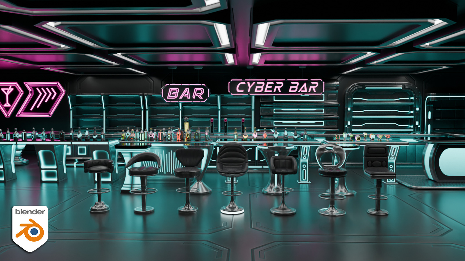 Cyber bar sci fi furniture and neon signs Low-poly 3D model_12