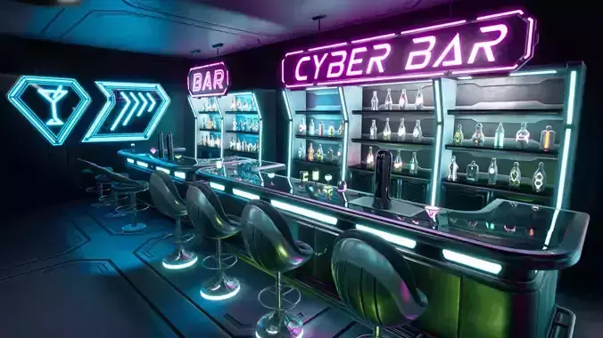 Cyber bar sci fi furniture and neon signs Low-poly 3D model