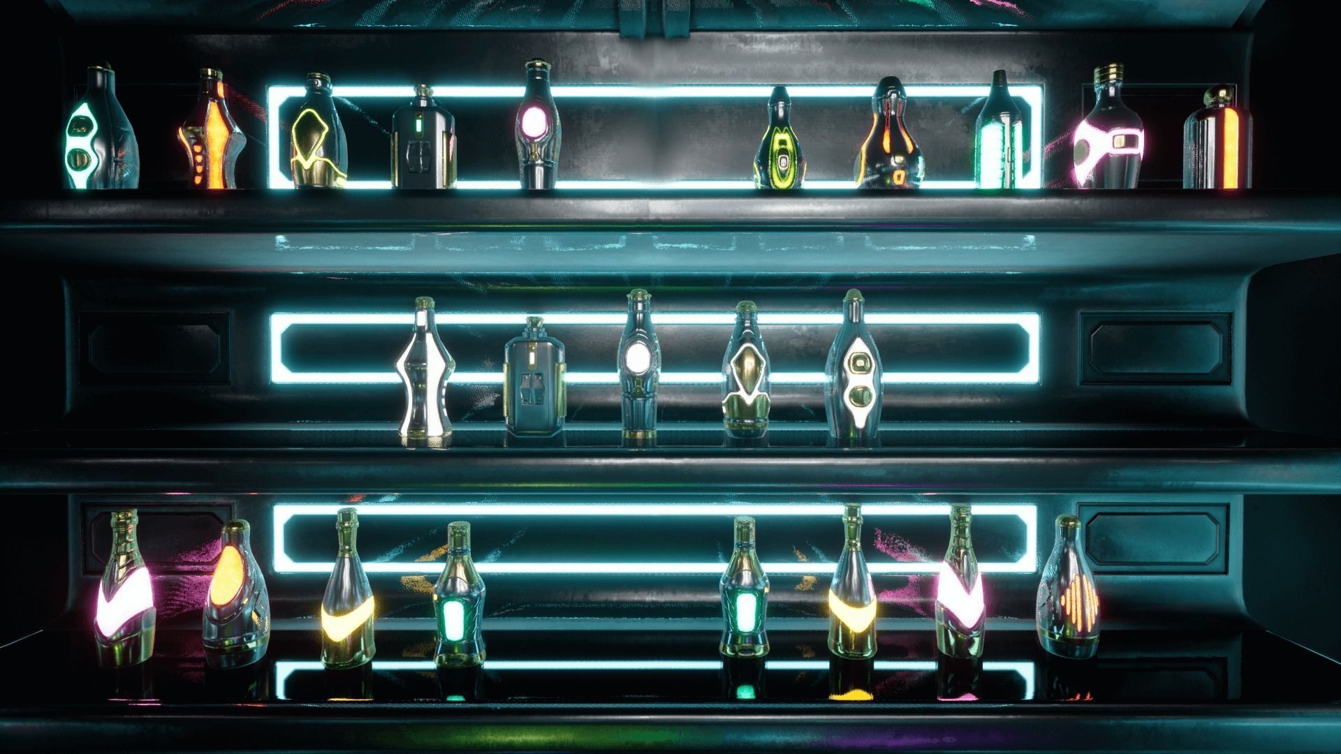 Cyber bar sci fi furniture and neon signs Low-poly 3D model_7