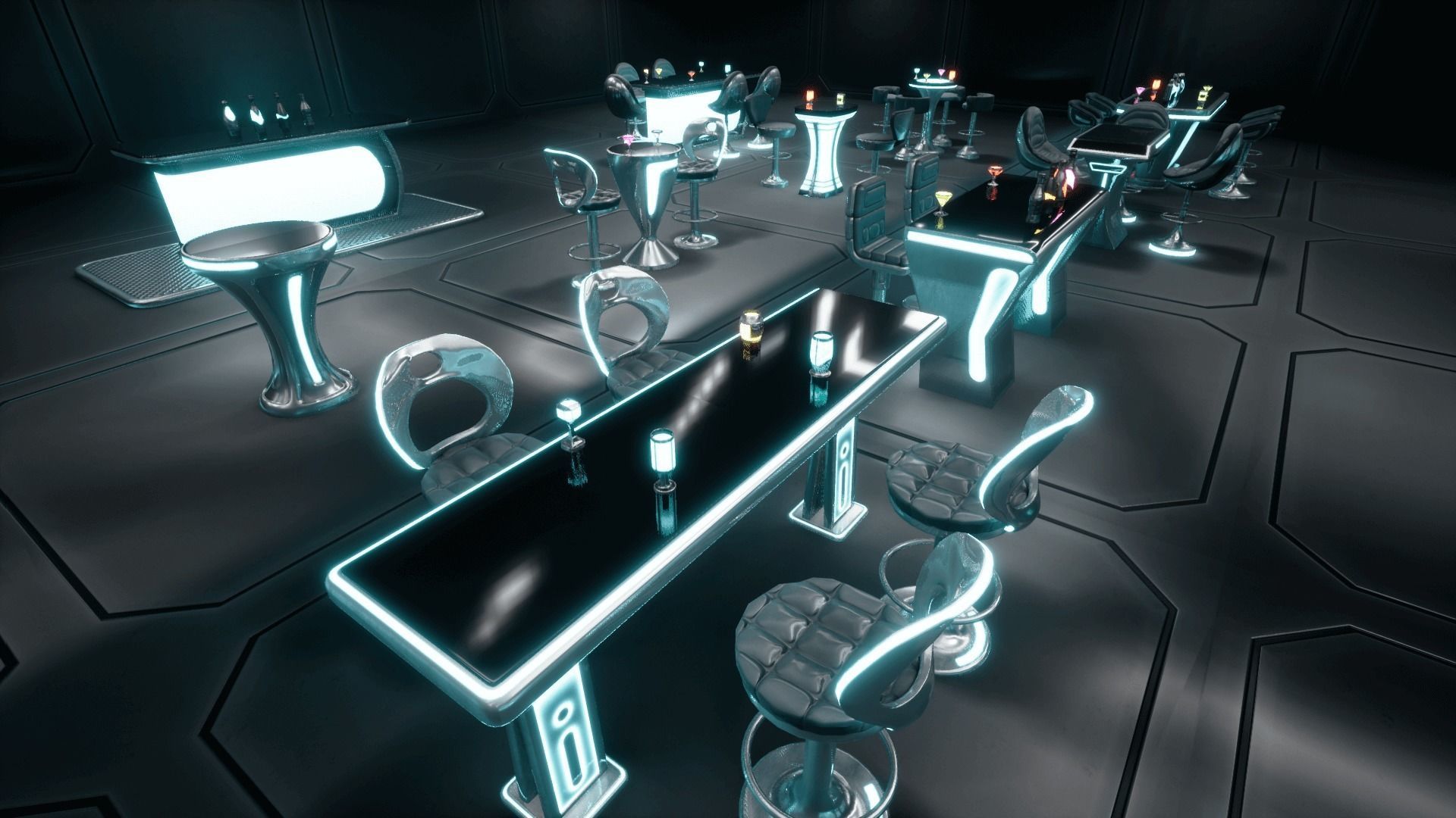 Cyber bar sci fi furniture and neon signs Low-poly 3D model_9