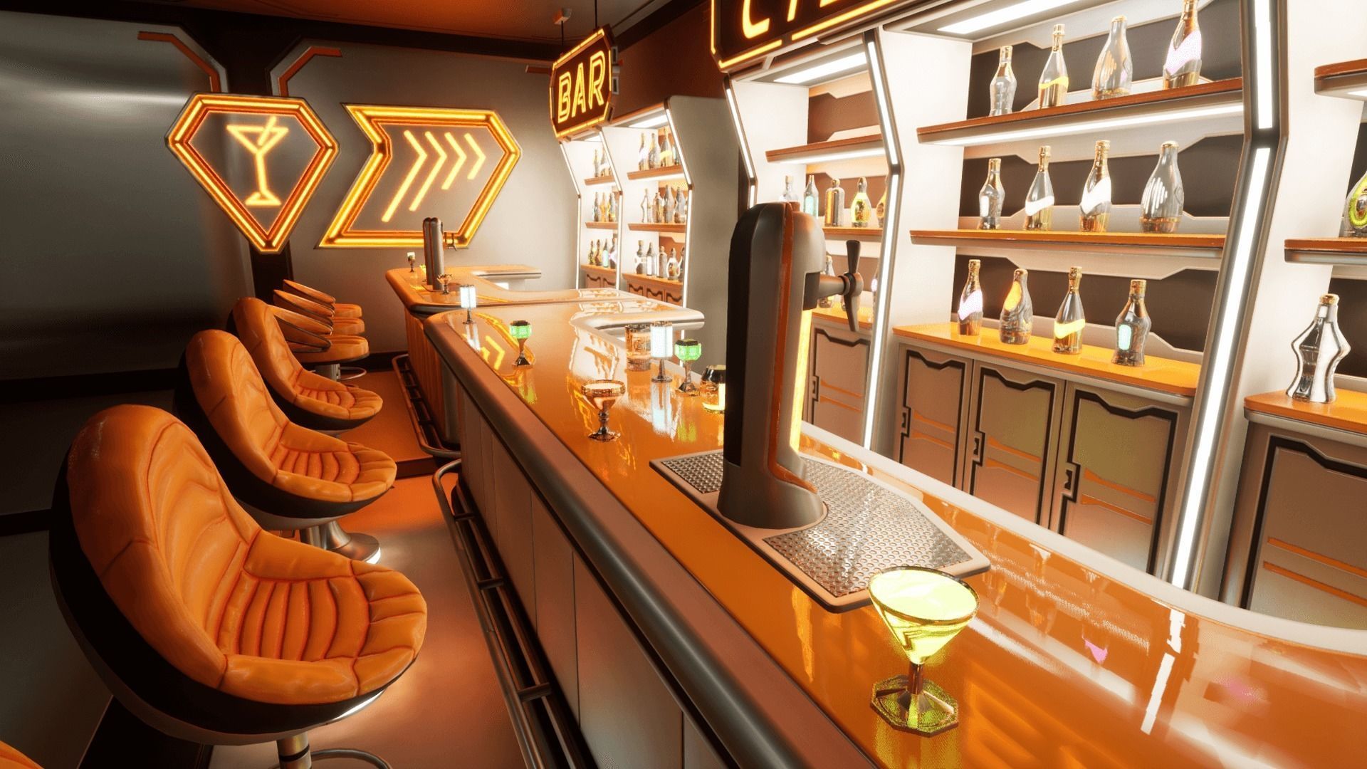 Cyber bar sci fi furniture and neon signs Low-poly 3D model_2
