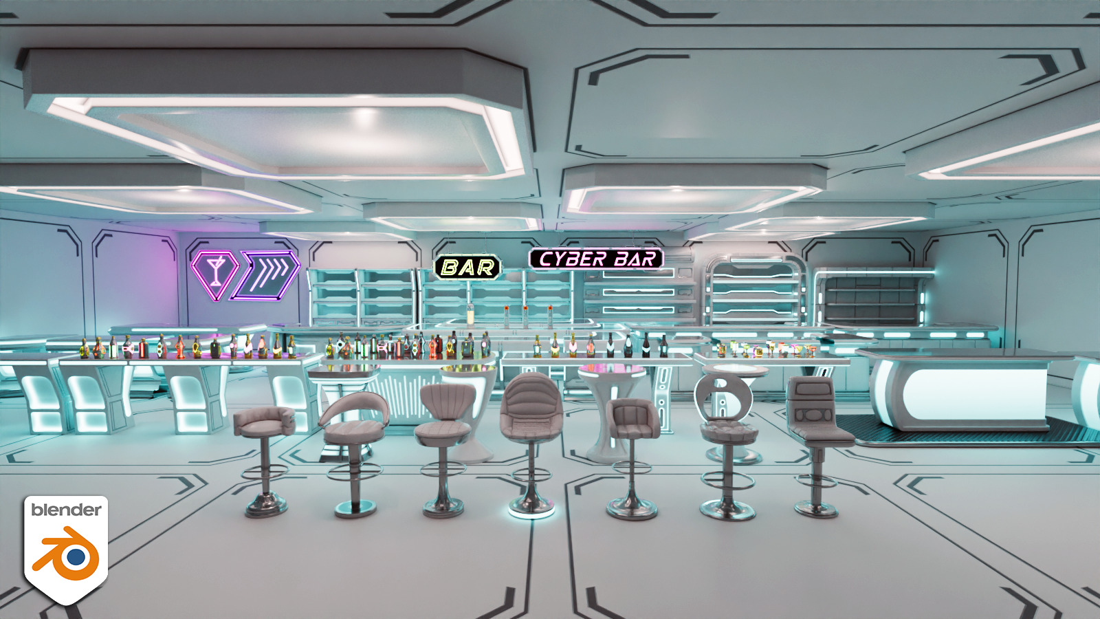 Cyber bar sci fi furniture and neon signs Low-poly 3D model_14
