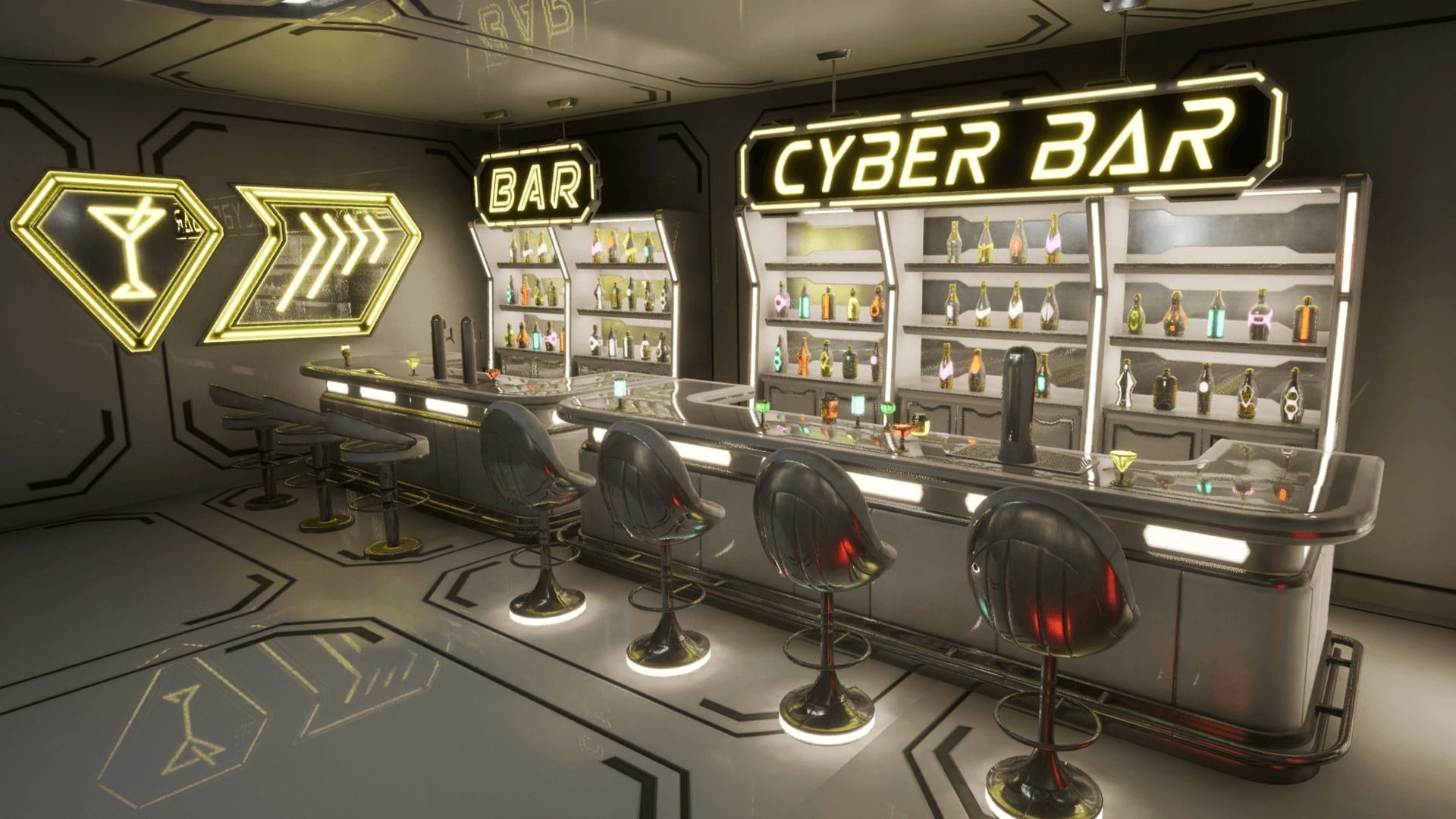 Cyber bar sci fi furniture and neon signs Low-poly 3D model_1