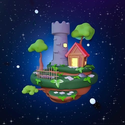 Low poly floating island 3d model game ready model in blender Low-poly 3D model