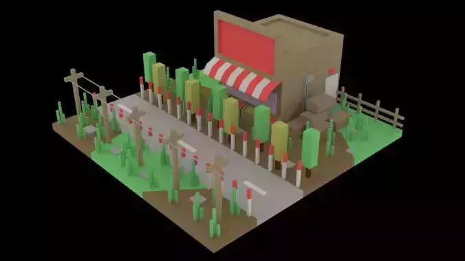 Low Poly Game Ready Town Market Low-poly 3D model