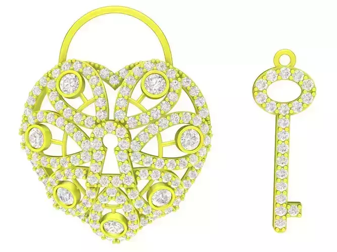 A7439 Diamond Heart Lock and Key Women Pendant 3D Model