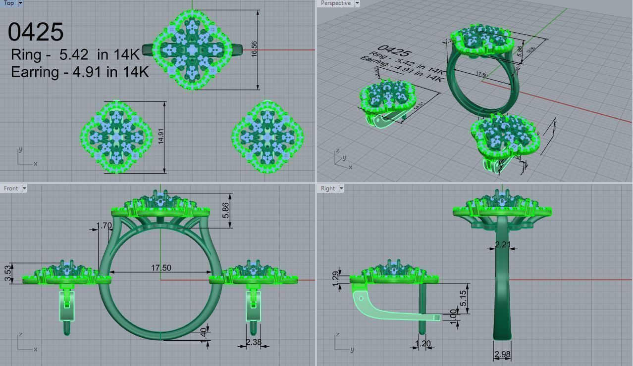 Four Leaf Flower Earring-Ring Set 0425 3D print model_4