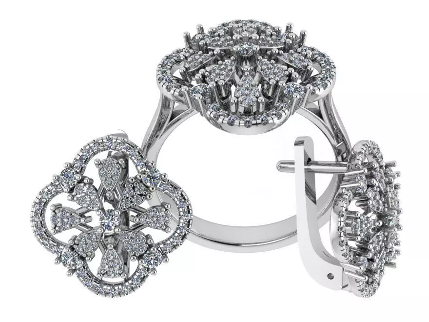 Four Leaf Flower Earring-Ring Set 0425 3D print model_0