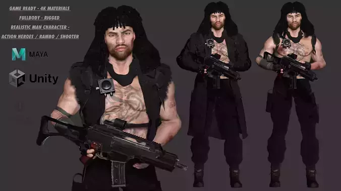 AAA 3D REALISTIC MAN CHARACTER -SHOOTER  ACTION HEROES RAMBO Low-poly 3D model