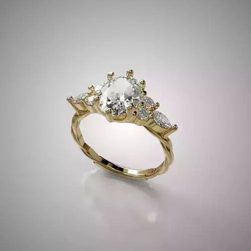 Gold Ring with Oval Center Diamond and Side Marquise Stones 3D
