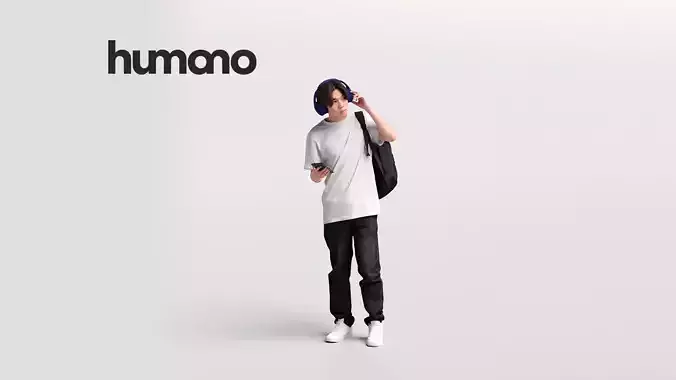 Humano casual asian man - standing and listening music -04150-90 3D model