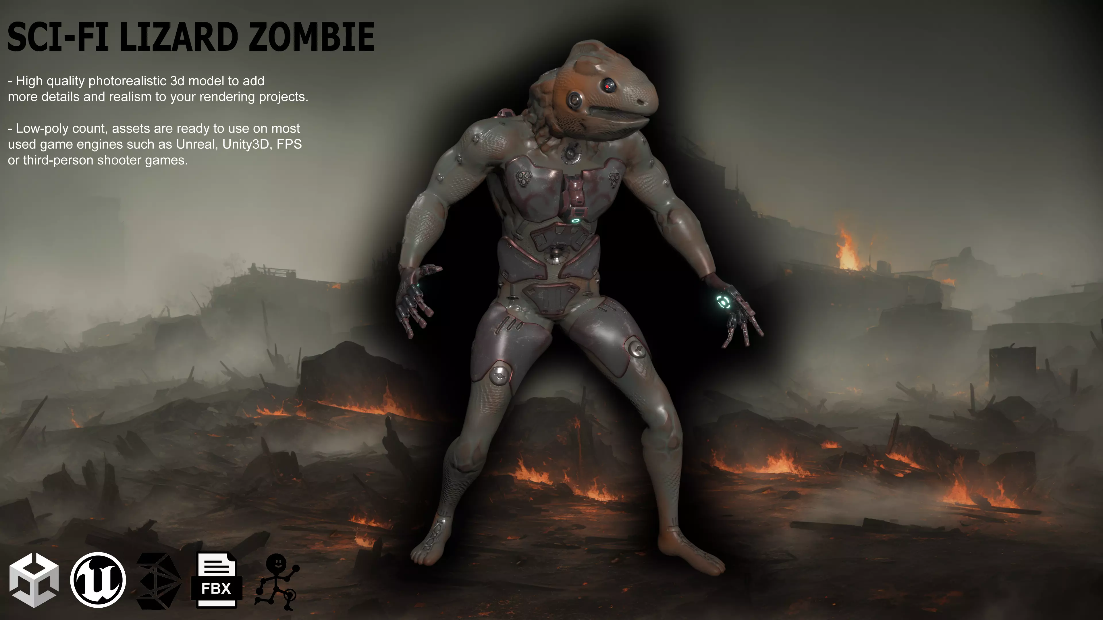 Sci-fi Lizard Zombie Low-poly 3D model
