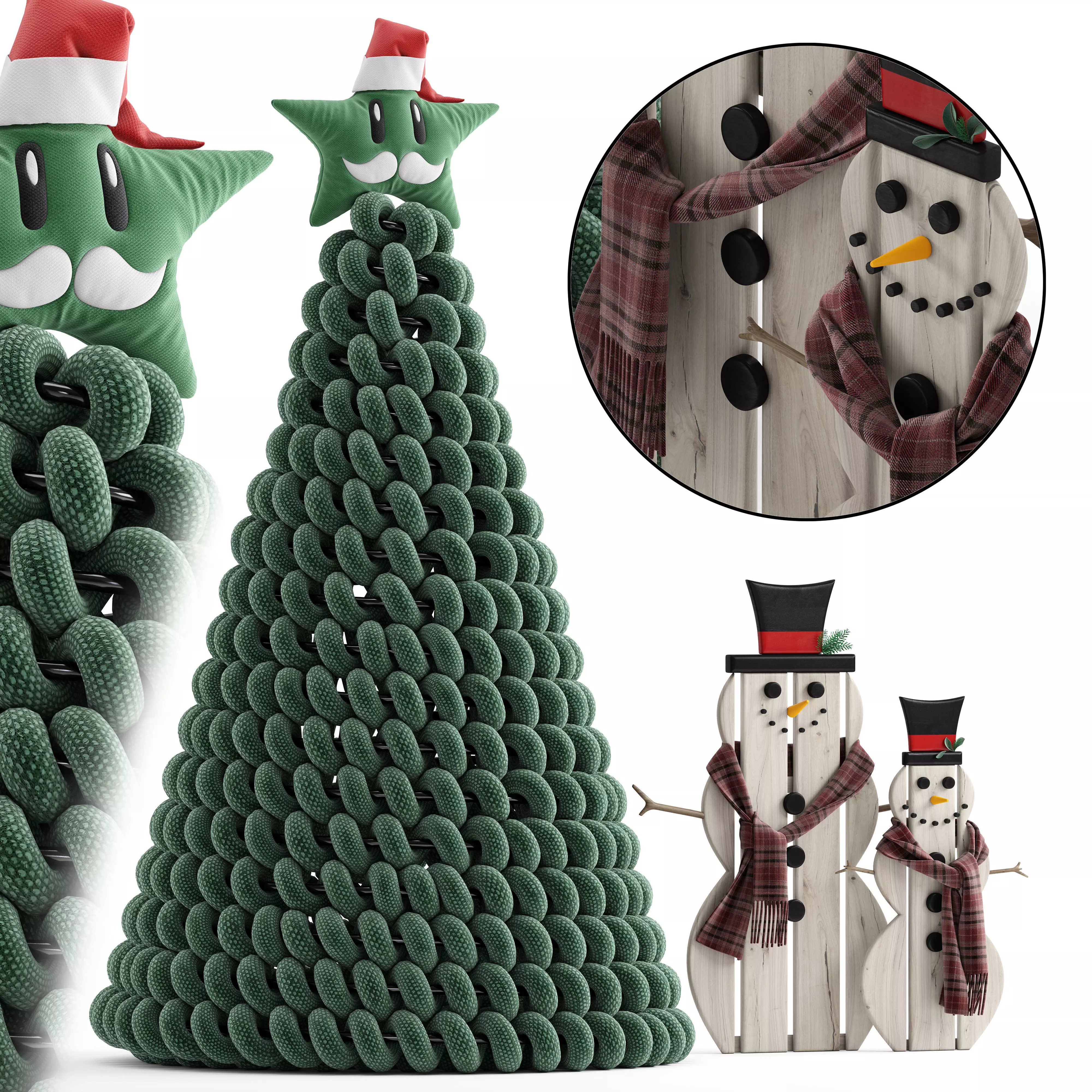 Christmas tree and wooden snowman 3D model_0