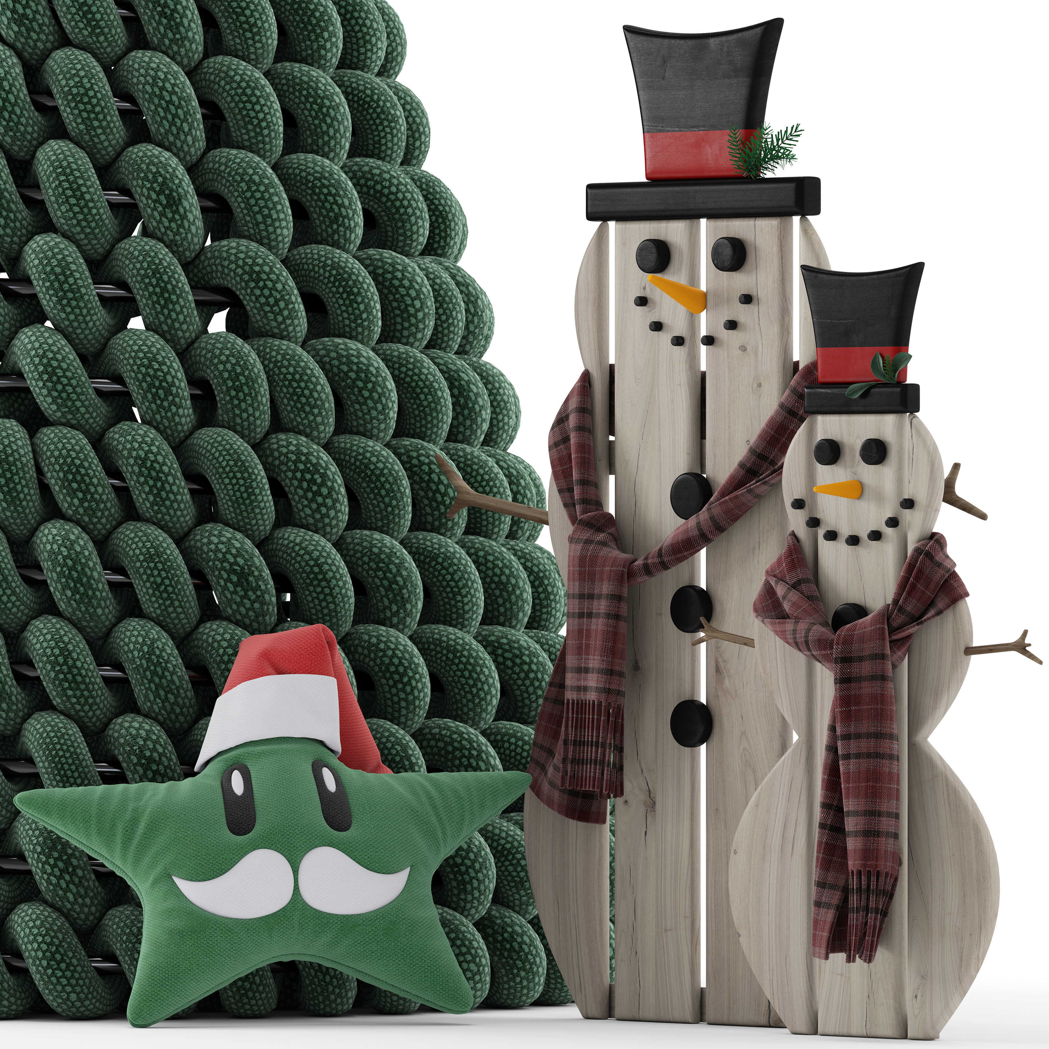 Christmas tree and wooden snowman 3D model_1