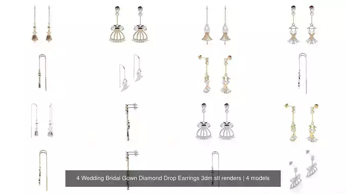 4 Wedding Bridal Gown Diamond Drop Earrings 3dm stl renders