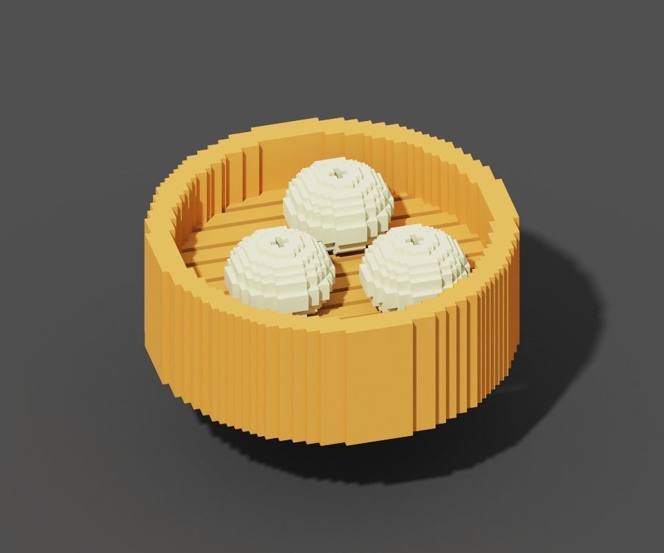 Japanese Steamed Pork Bao Steamed basket Bun Low Poly Voxel Low-poly 3D model_5