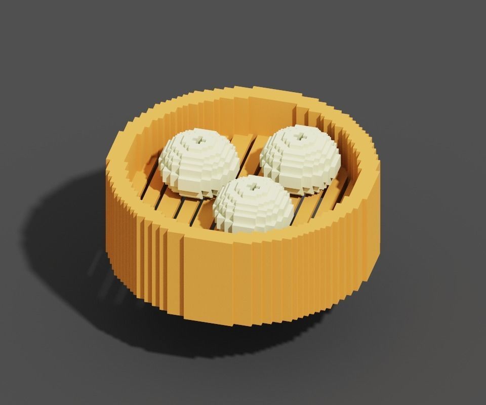 Japanese Steamed Pork Bao Steamed basket Bun Low Poly Voxel Low-poly 3D model_4