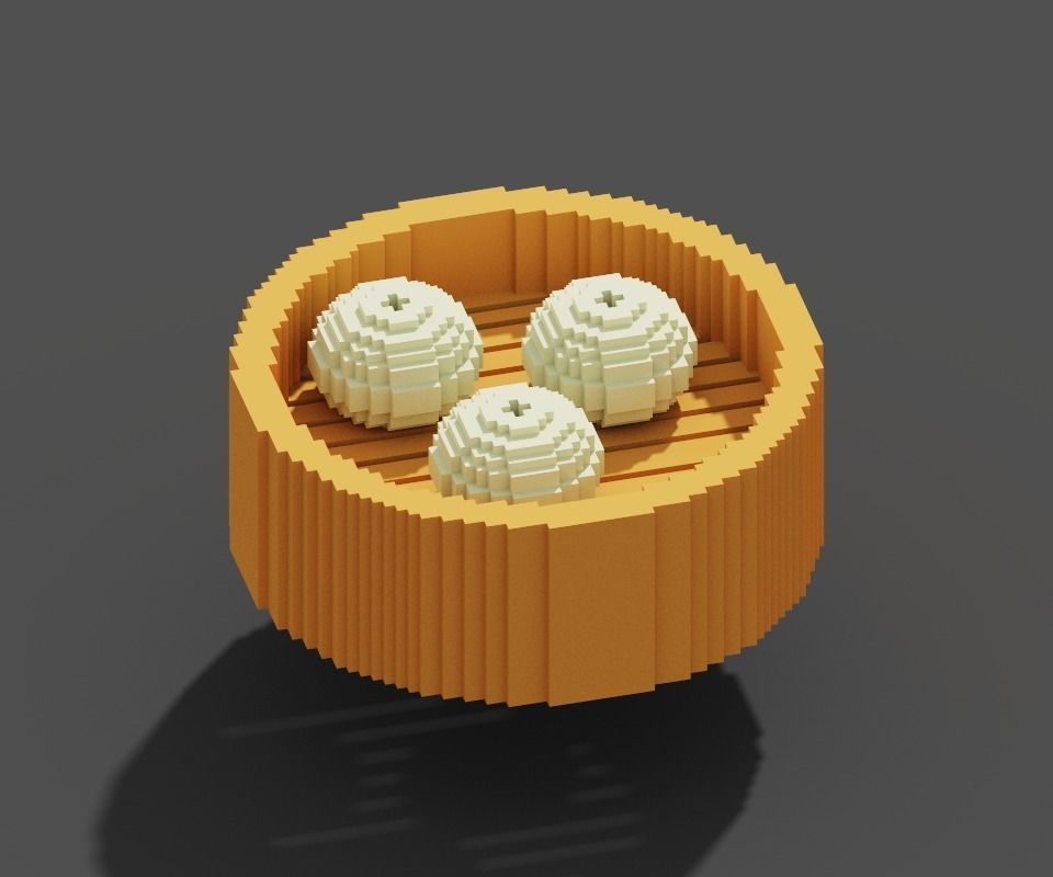 Japanese Steamed Pork Bao Steamed basket Bun Low Poly Voxel Low-poly 3D model_2