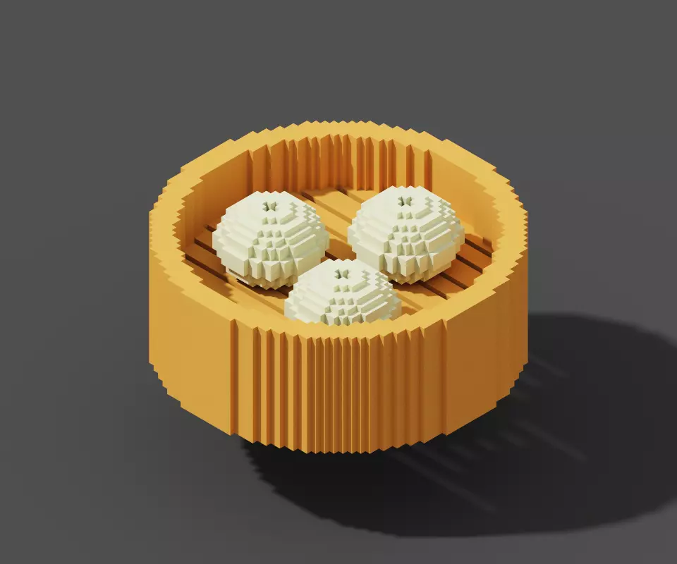 Japanese Steamed Pork Bao Steamed basket Bun Low Poly Voxel Low-poly 3D model_0