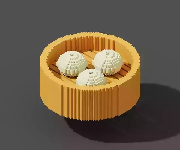 Japanese Steamed Pork Bao Steamed basket Bun Low Poly Voxel Low-poly 3D model