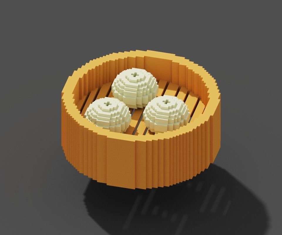 Japanese Steamed Pork Bao Steamed basket Bun Low Poly Voxel Low-poly 3D model_1