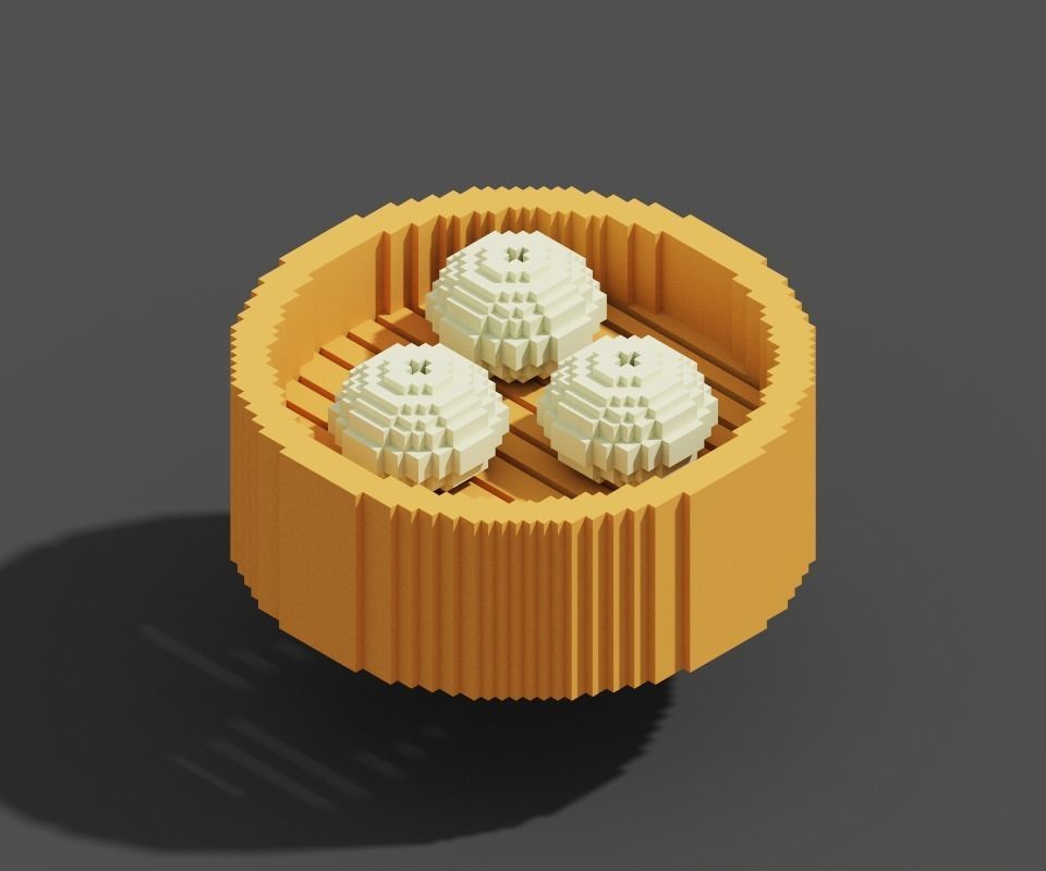 Japanese Steamed Pork Bao Steamed basket Bun Low Poly Voxel Low-poly 3D model_3