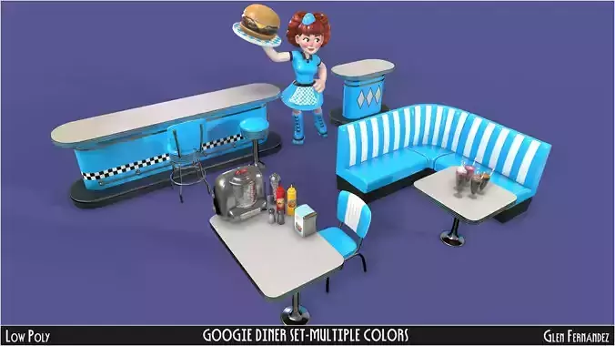 Vintage Googie Diner Item Pack Low Poly Low-poly 3D model