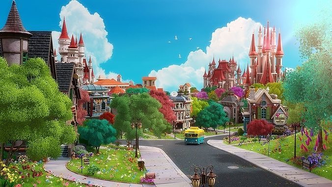 Cartoon Town City Home Exterior Scene 3D model 2