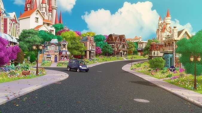 Cartoon Town City Home Exterior Scene 3D model 5