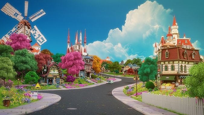 Cartoon Town City Home Exterior Scene 3D model 6