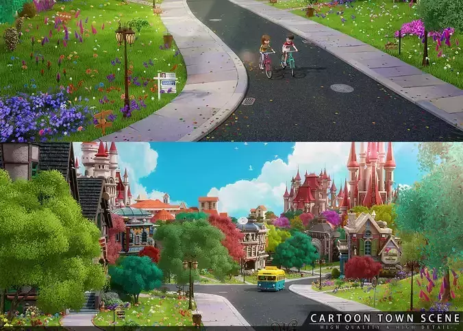 Cartoon Town City Home Exterior Scene 3D model