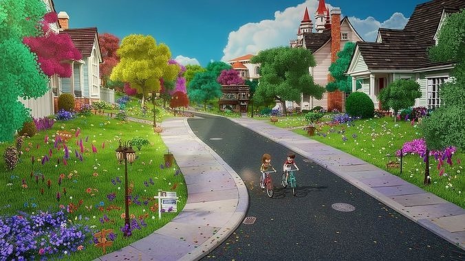 Cartoon Town City Home Exterior Scene 3D model 3