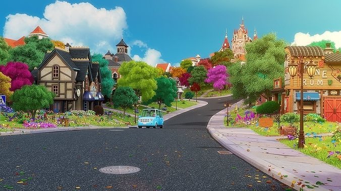 Cartoon Town City Home Exterior Scene 3D model 4