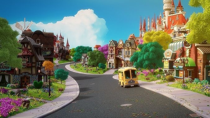 Cartoon Town City Home Exterior Scene 3D model 7
