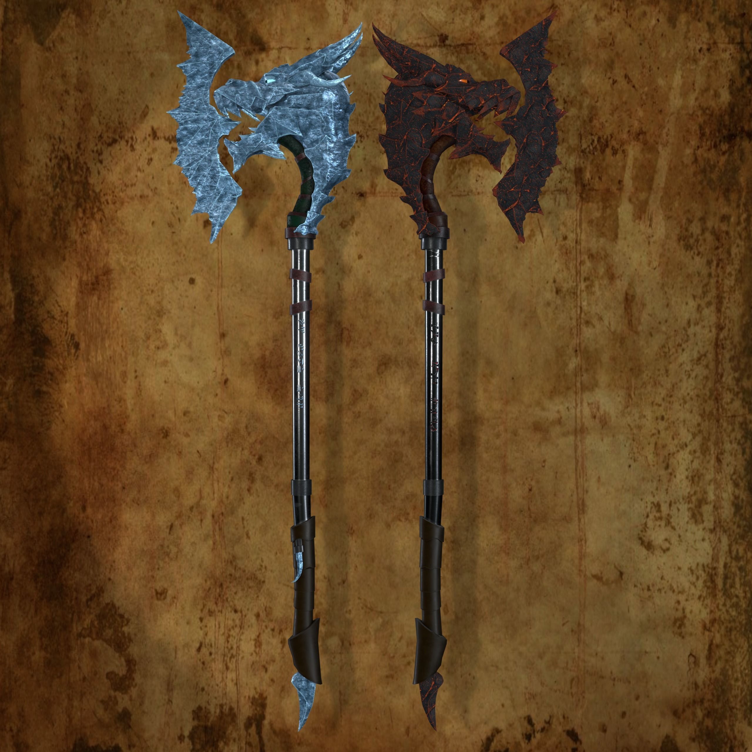 Fantasy Axes of ice and lava Low-poly 3D model_1