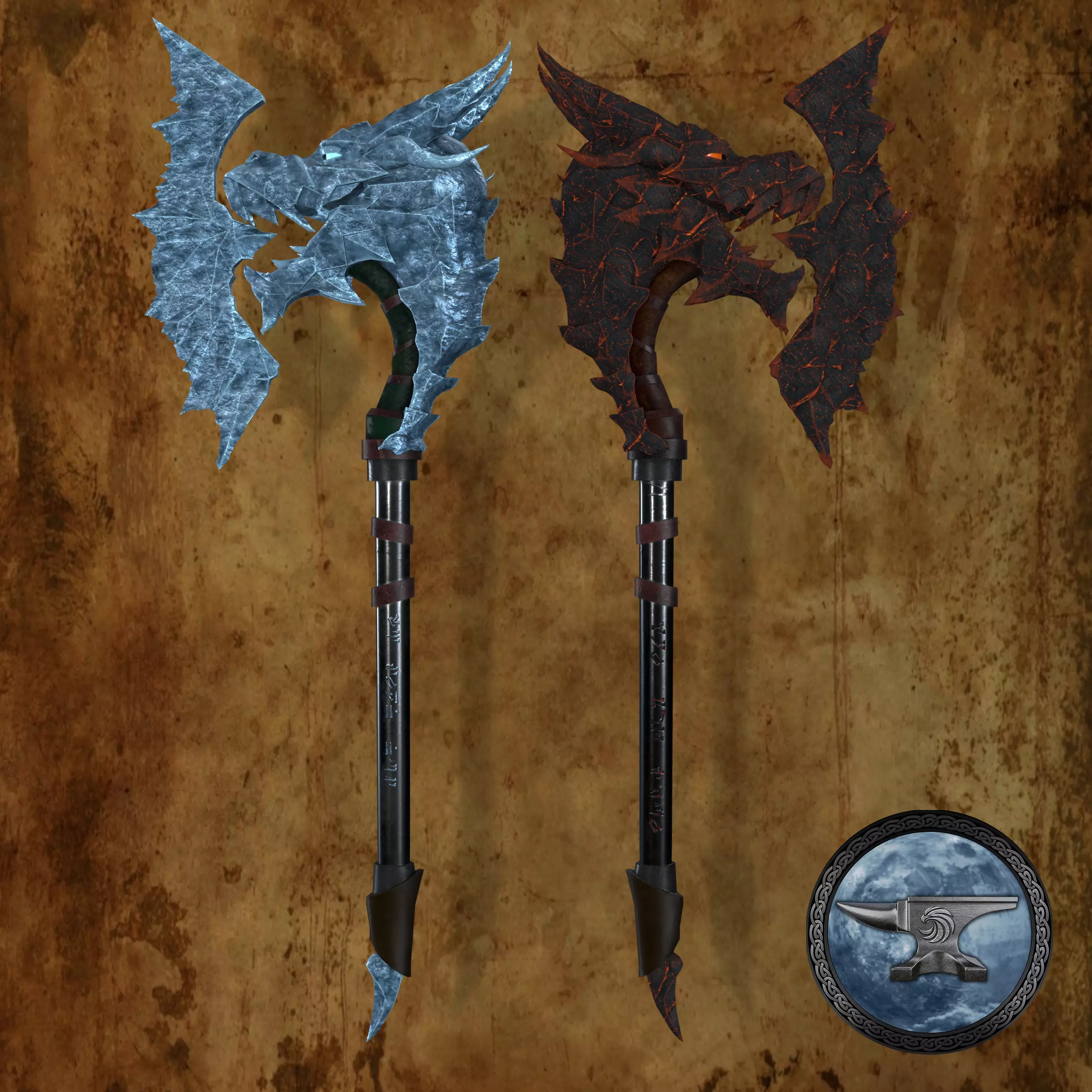 Fantasy Axes of ice and lava Low-poly 3D model_0