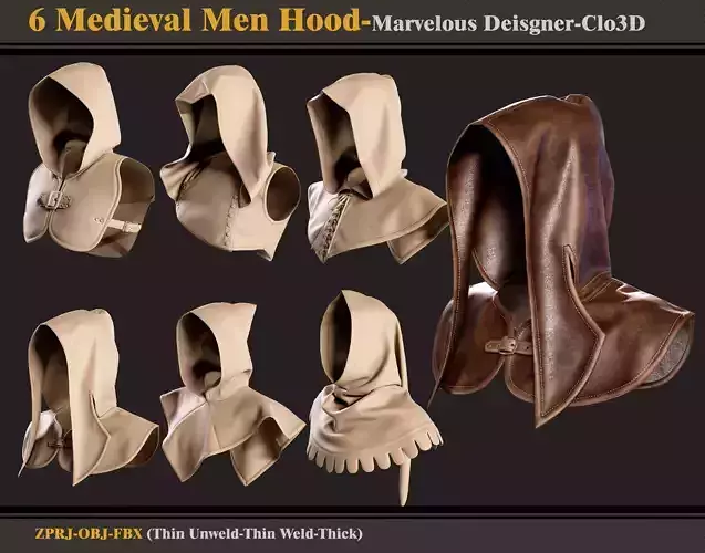 6 Medieval Men Hoods-MD-Clo3D-FBX - OBJ 3D model