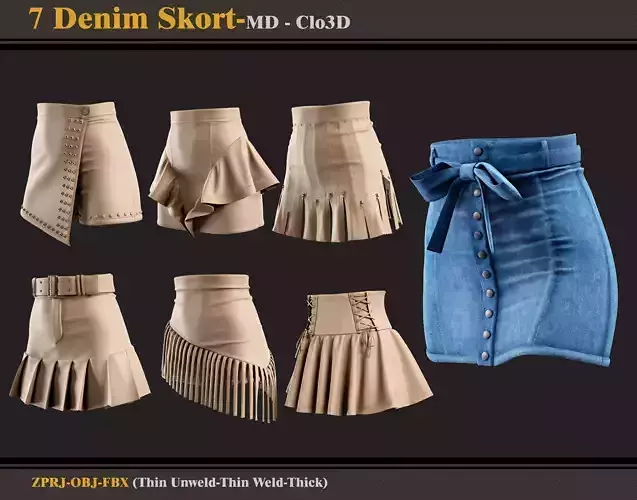 7 Denim Skort-MD-Clo3D-ZPRJ  FBX  OBJ