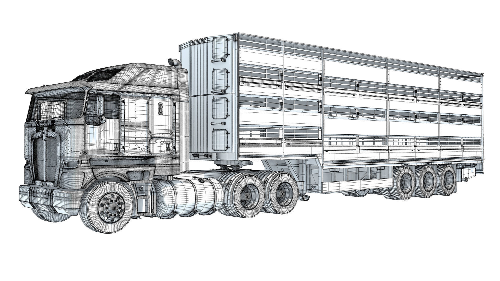 Truck with Animal Transporter Trailer 3D model_16