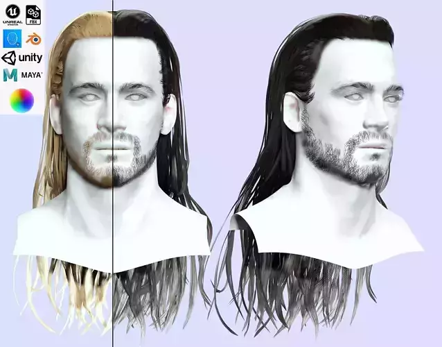 Realistic Wavy Long Man Hair card Low-poly 3D model