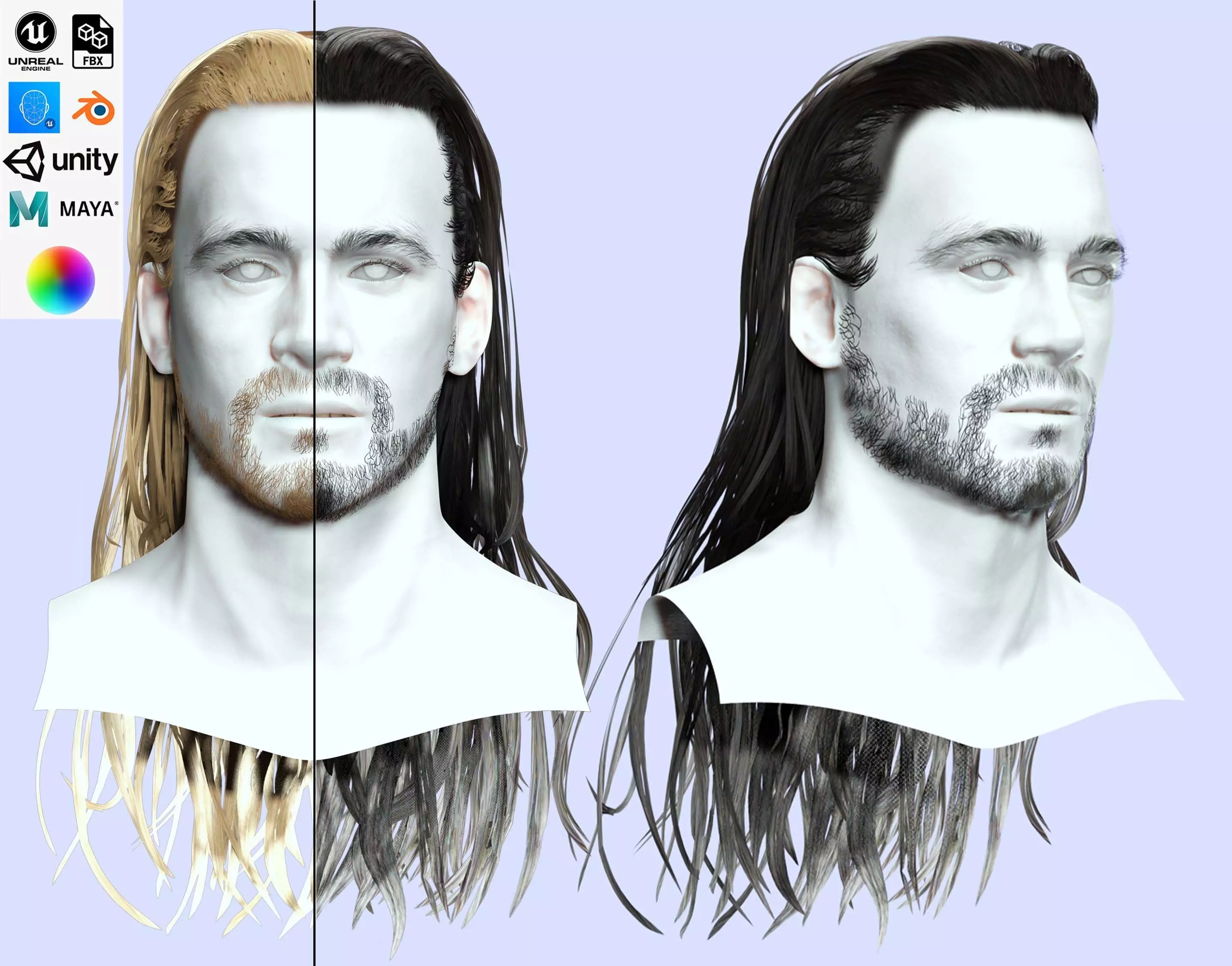 Realistic Wavy Long Man Hair card Low-poly 3D model_0